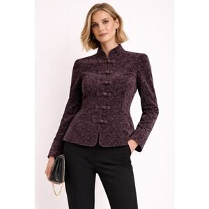 LOFT Damask Plum Purple Velvet Jacquard Burnout Button Front Jacket Size 12